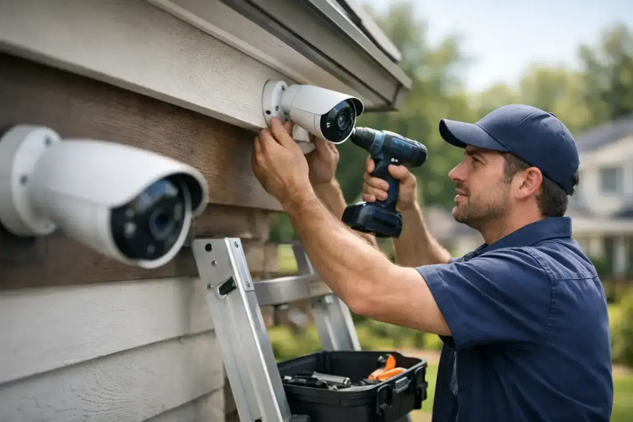 T&eacute;cnico instala videovigilancia IP en exterior. C&aacute;maras blancas montadas en pared, herramienta el&eacute;ctrica en mano.