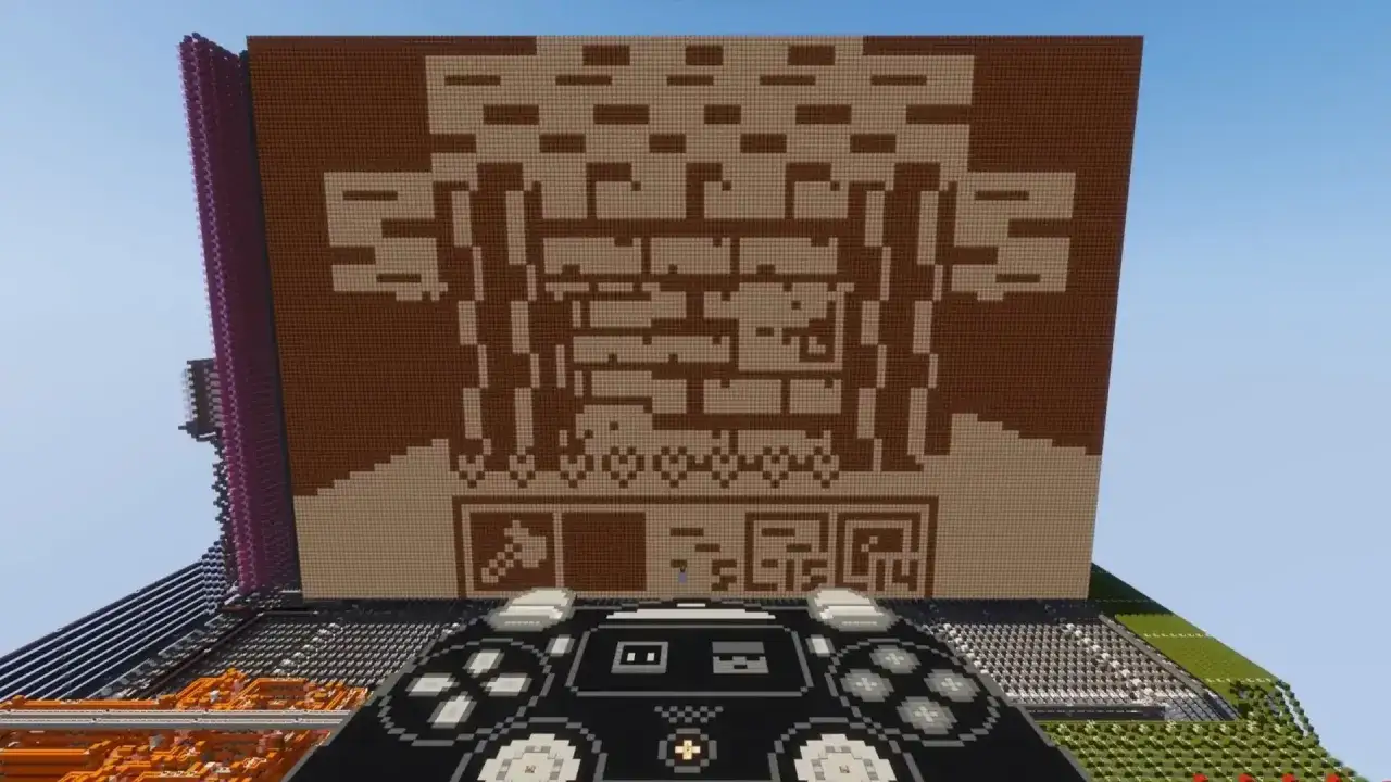 Ogromny pixel art w Minecraft, przedstawiający retro konsolę i grę. Nawet z podstawowymi minecraft wymagania, można stworzyć takie cuda!