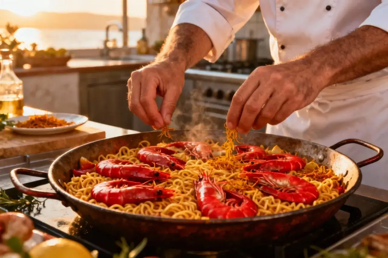 Un chef ajoute la touche finale à une fideuà catalane fumante, garnie de crevettes rouges éclatantes.