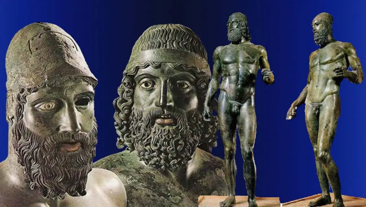 Bronzi di Riace, simbolo Calabria, guerrieri antichi che narrano storie di forza e bellezza.