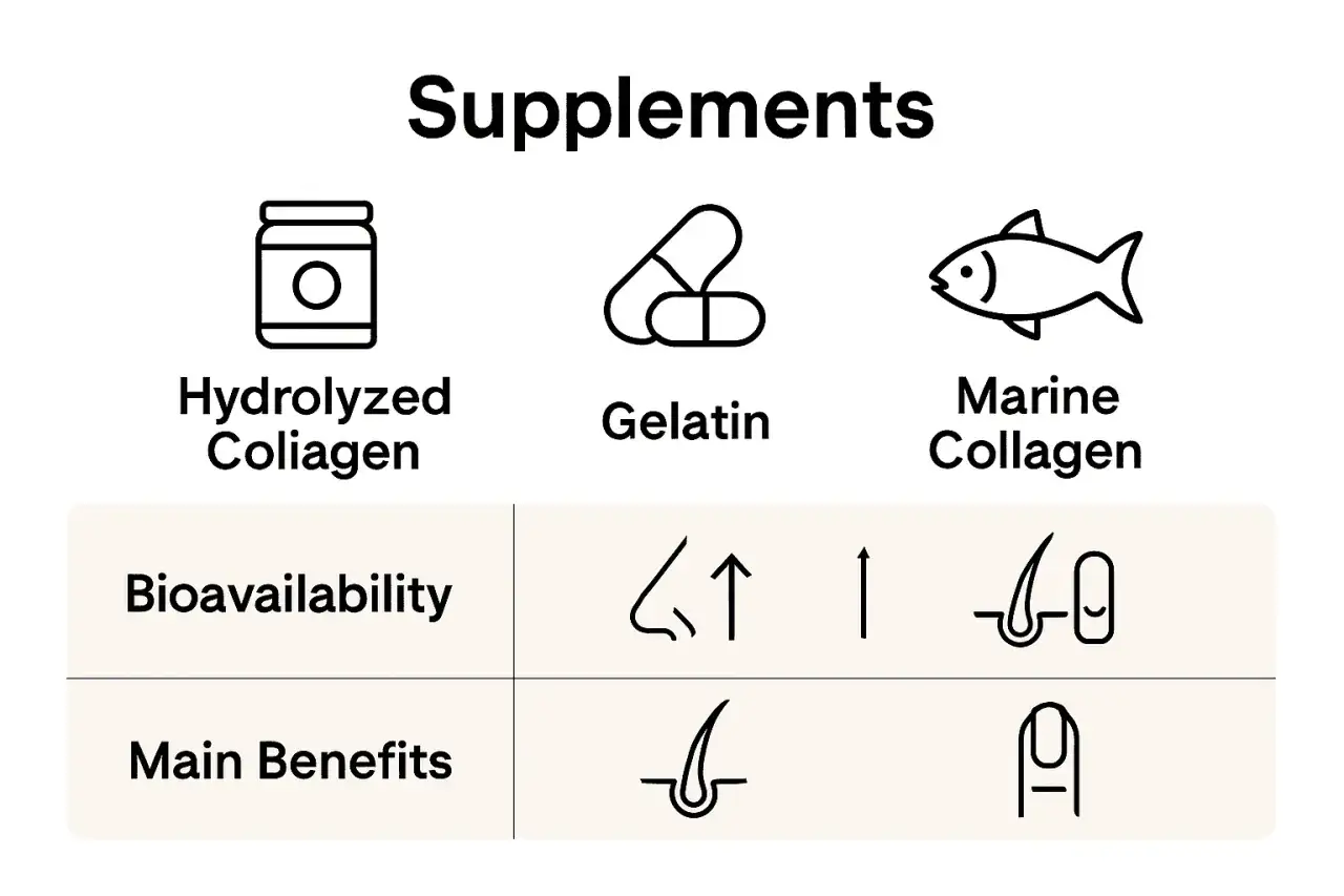 Tableau comparatif des suppléments : hydrolysat de collagène, gélatine et collagène marin. Le collagène marin est présenté comme une cure bénéfique pour la peau et les ongles.