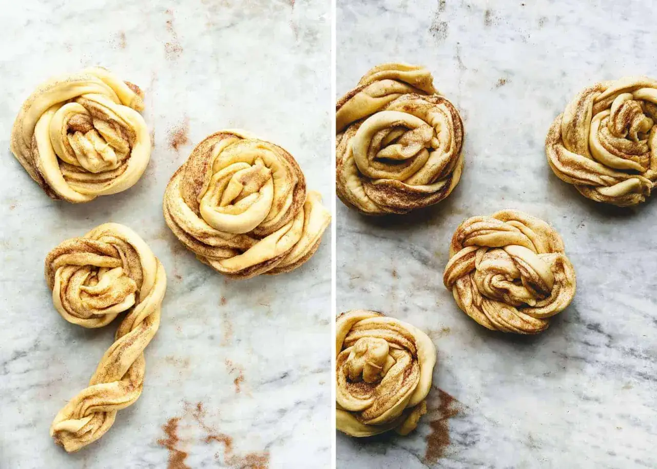 Impasti a forma di rosa, spolverati di cannella, pronti per diventare una deliziosa torta di rose.