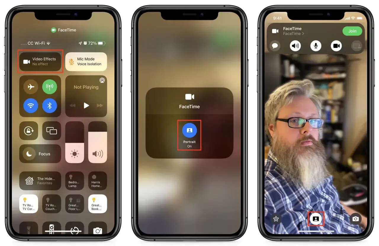 Trzy ekrany iPhone'a pokazujące ustawienia FaceTime: włączone efekty wideo, tryb portretowy i widok rozmówcy.