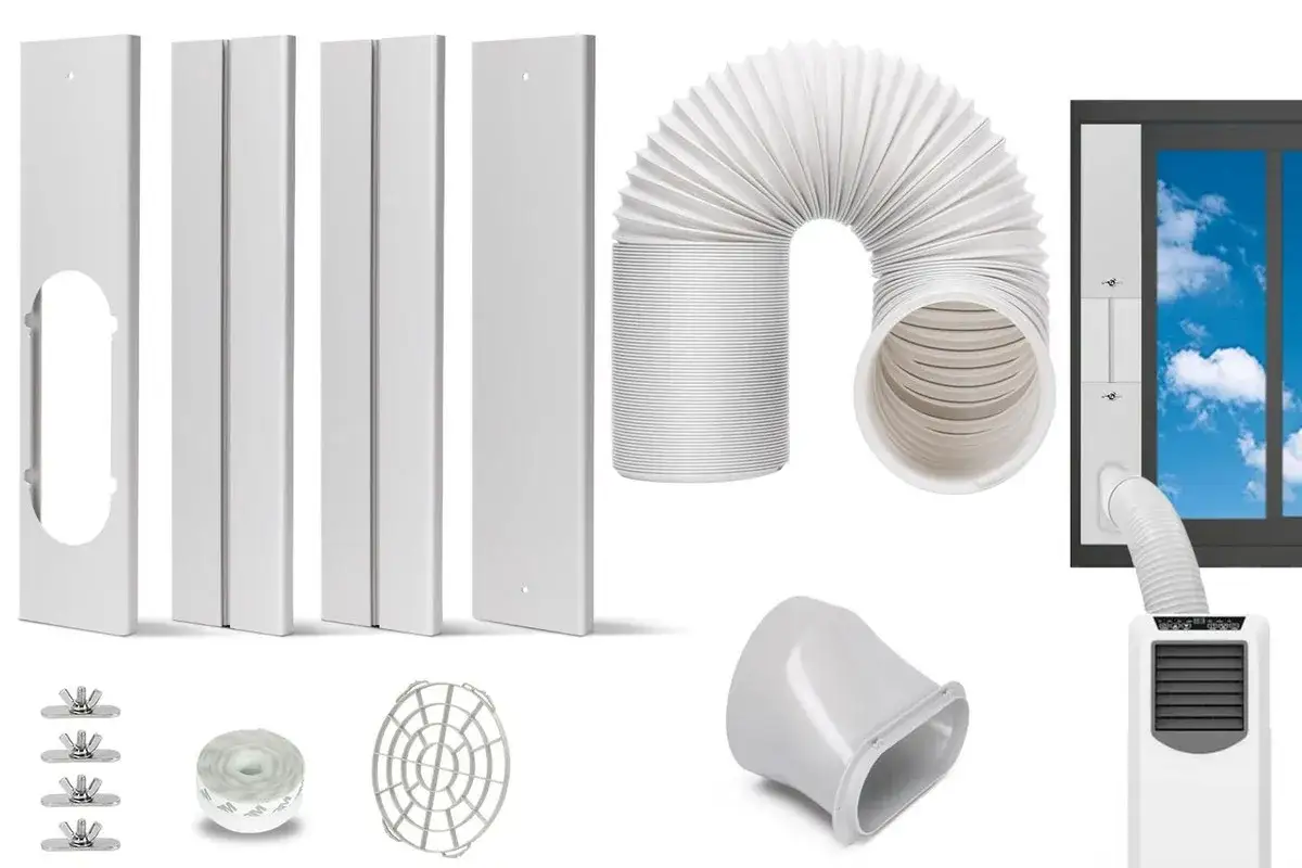 Kit d'installation pour climatiseur pure blizzard : fenêtres, tuyau d'évacuation, adaptateur et accessoires.