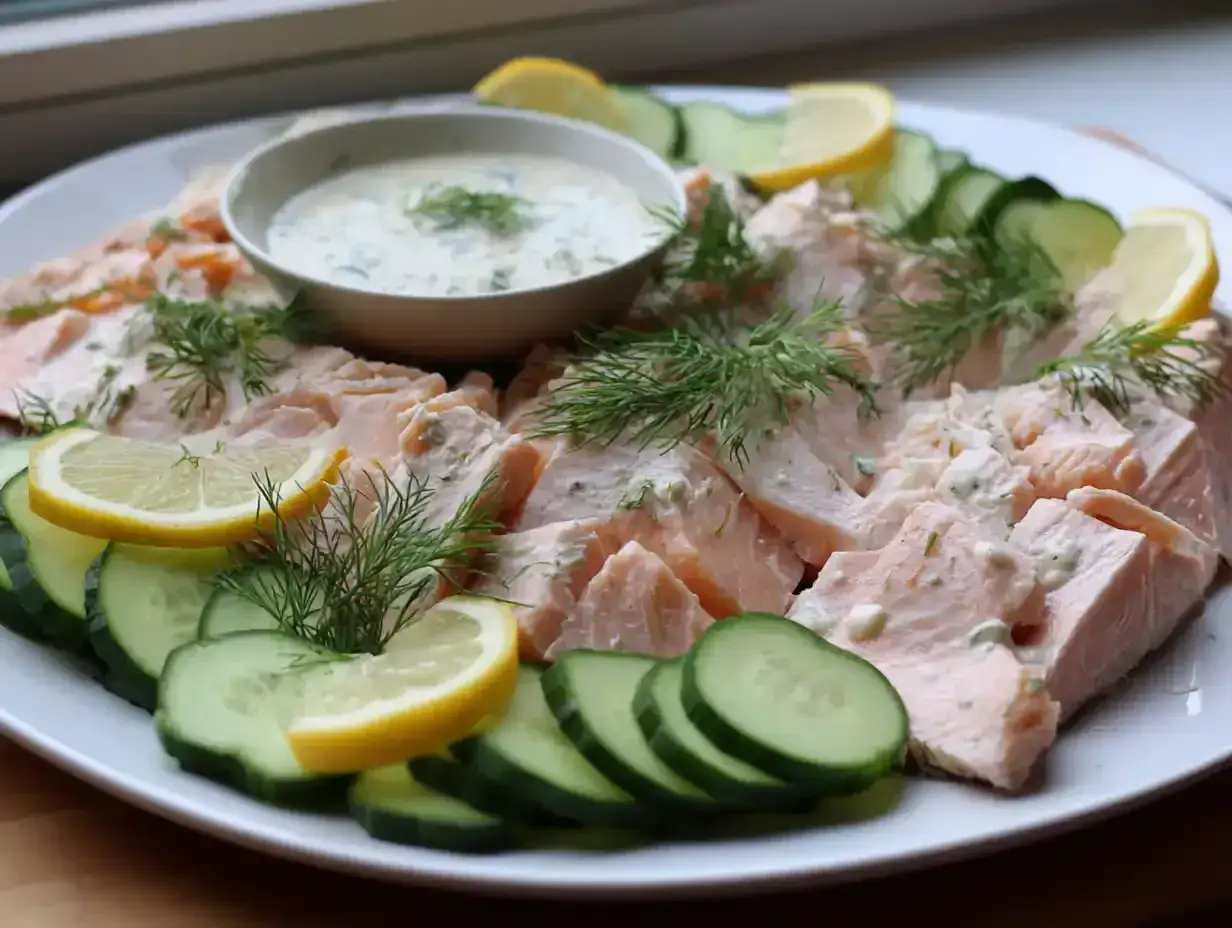 En vacker uppl&auml;ggning av inkokt lax med dill, citron och gurka. Serveras med en kr&auml;mig s&aring;s.