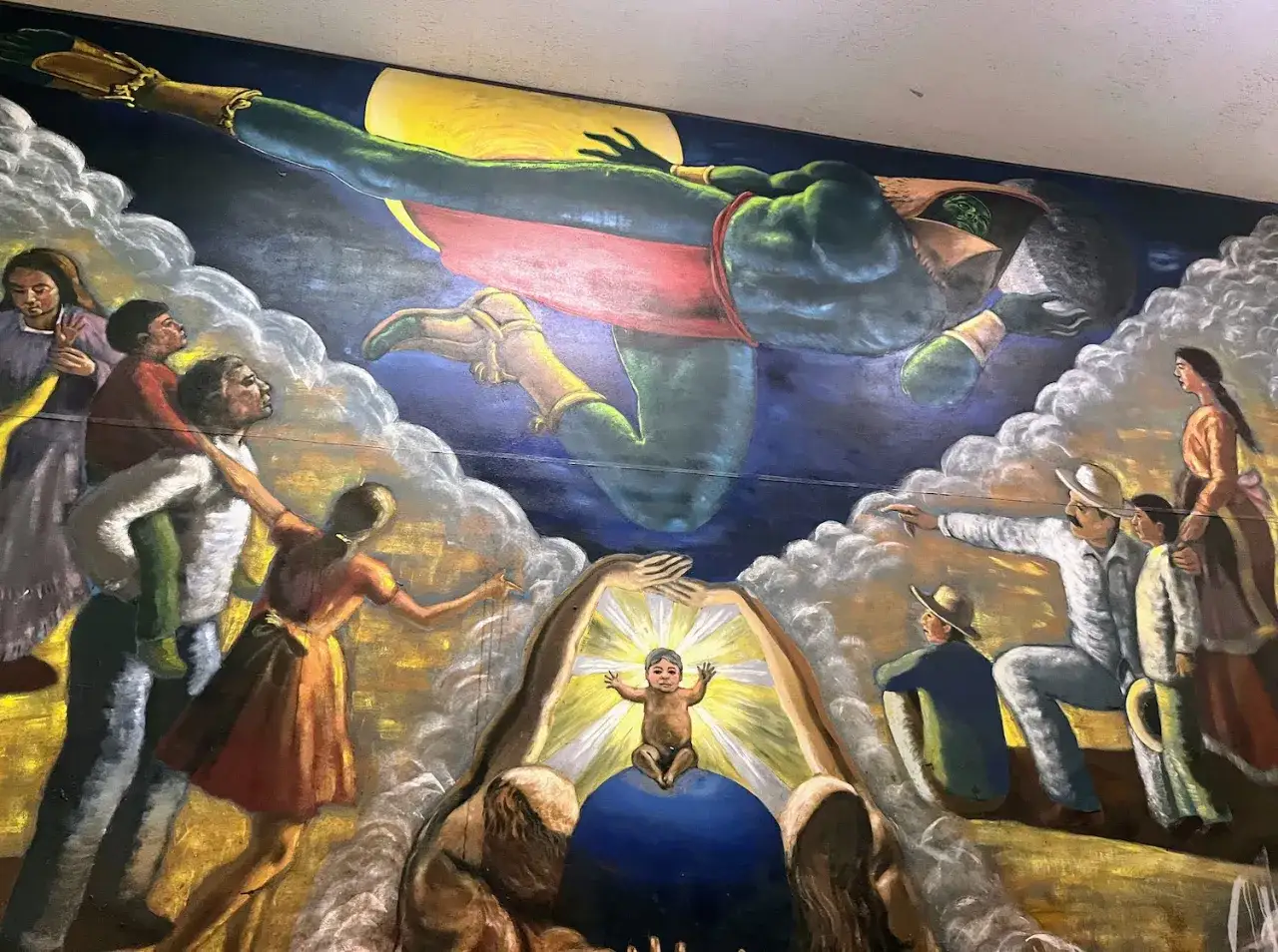 Vibrant public art examples depict a celestial figure soaring above a community looking up in awe at a glowing infant.