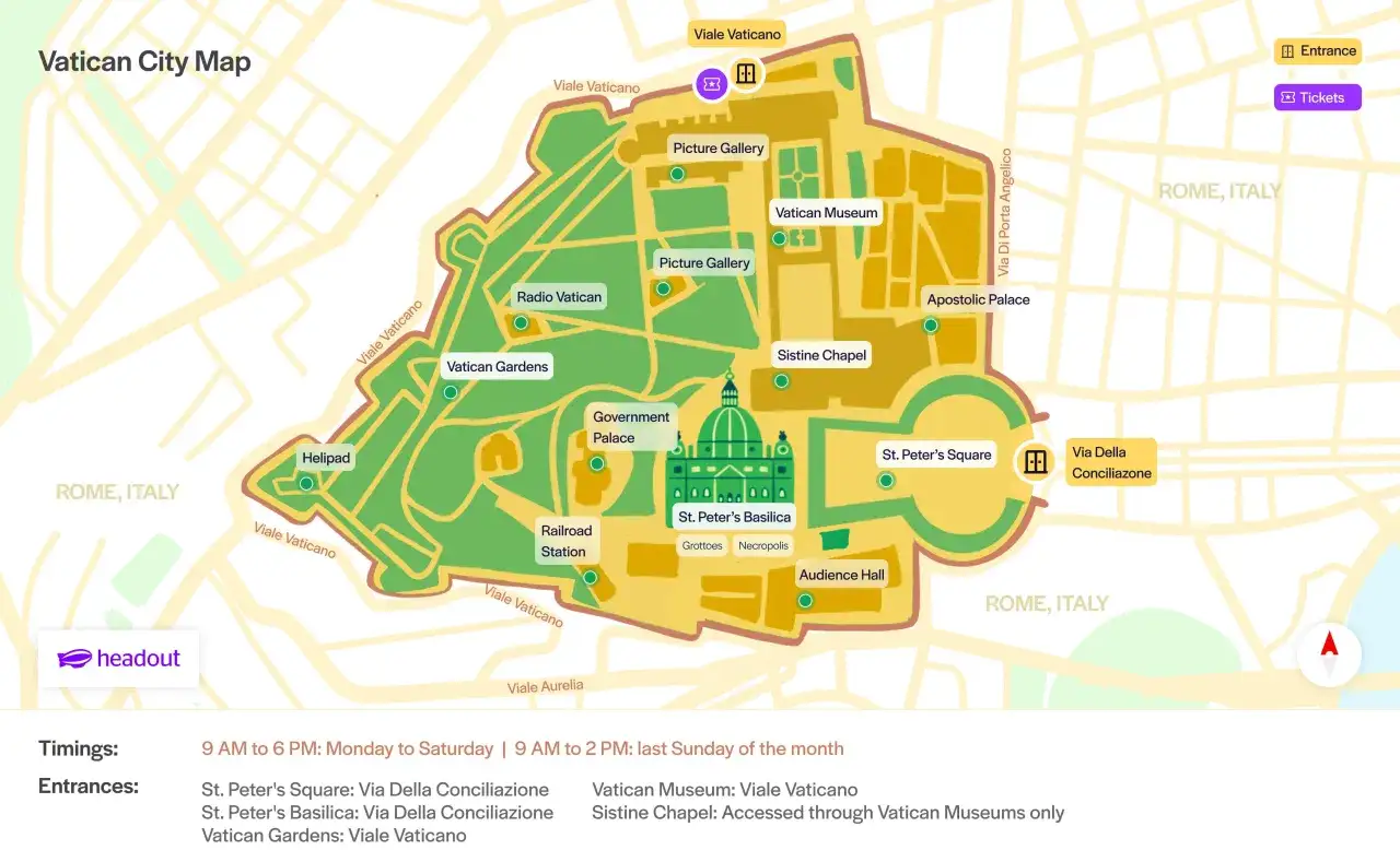 Mapa Watykanu z zaznaczonymi atrakcjami: Muzea Watykańskie, Kaplica Sykstyńska, Bazylika św. Piotra. Idealna na wycieczkę do Watykanu.