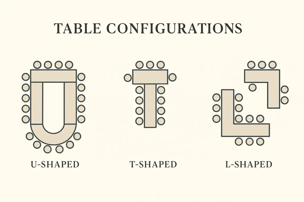 Sch&eacute;ma de diff&eacute;rentes configurations de tables pour un mariage : en U, en T et en L. Le plan de table en U est id&eacute;al pour une r&eacute;ception conviviale.