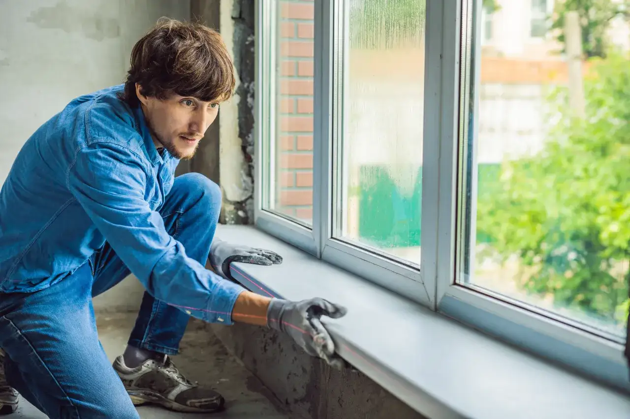 Mężczyzna w niebieskiej koszuli i dżinsach montuje parapet wewnętrzny przy oknie.