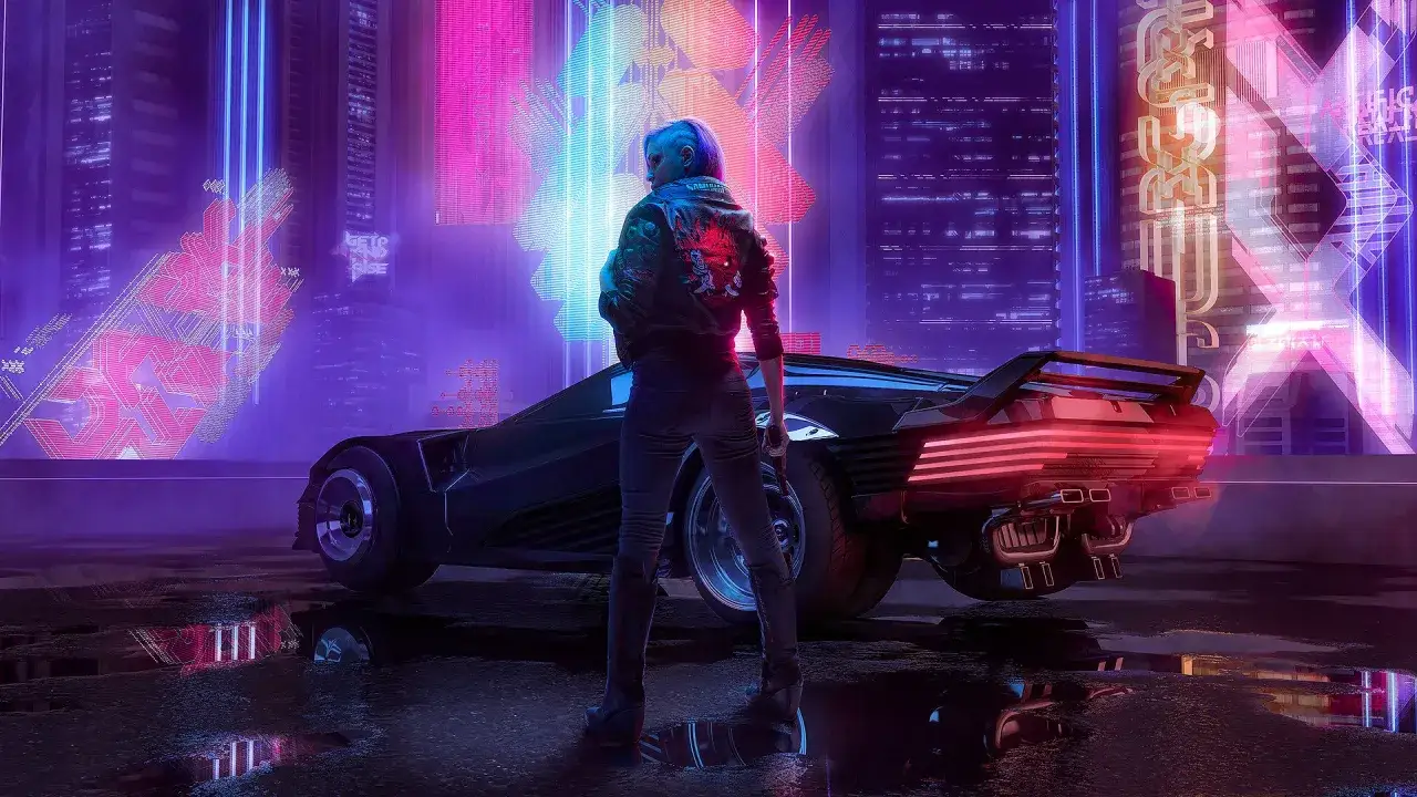 Postapokaliptyczna noc w Night City, gdzie bohaterka z gry CD Projekt stoi przy futurystycznym samochodzie.