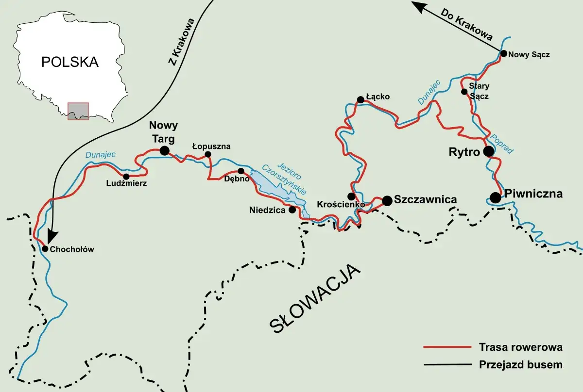 Mapa turystyczna z zaznaczoną trasą rowerową przez Szczawnicę, wzdłuż Dunajca i Popradu, z możliwością przejazdu autobusem.