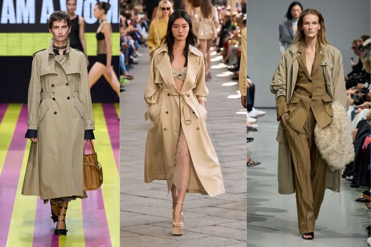 Modelli mostrano come abbinare un trench beige con abiti eleganti, casual e da sera.