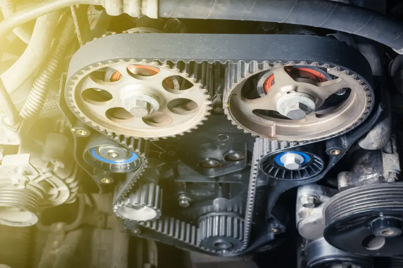 Dettaglio del motore con cinghia di distribuzione e pulegge. La cinghia usurata può causare rumori e vibrazioni, sintomi da non sottovalutare.