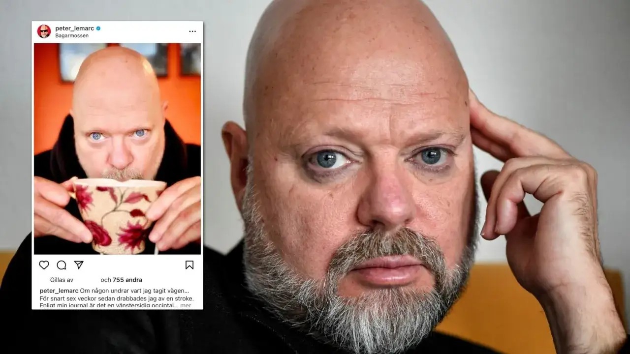 Peter Lemarc, som nyligen drabbades av en stroke, dricker ur en blommig kopp. Hans blick är intensiv.