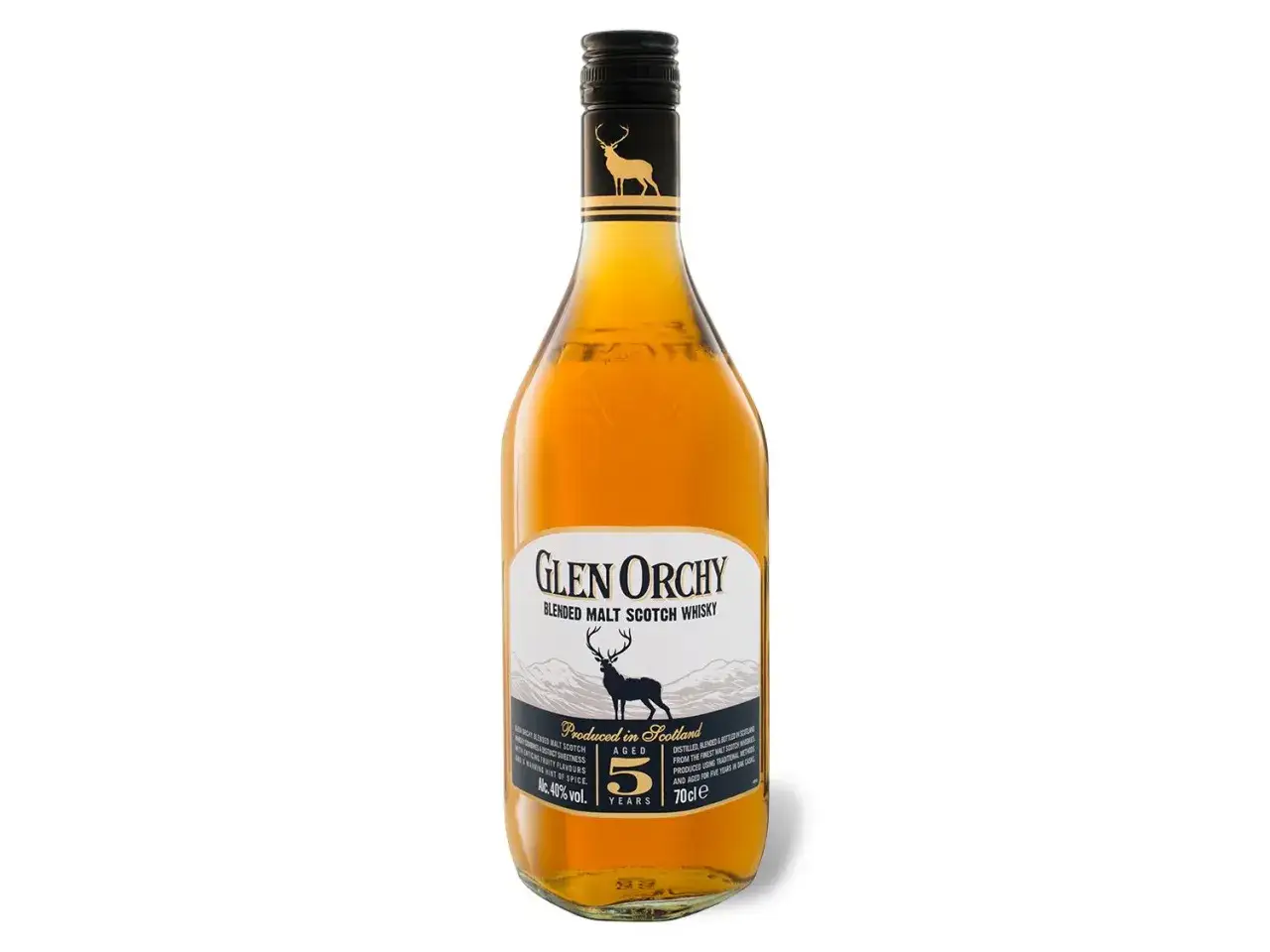 Glen Orchy 5 Jahre alter Blended Malt Scotch Whisky, mit Hirsch-Logo.