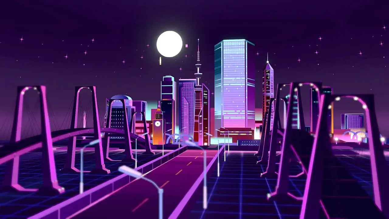 Neonowy **dom lalek cyberpunk** w nocnym mieście. Mosty i drapacze chmur w fioletowych barwach.