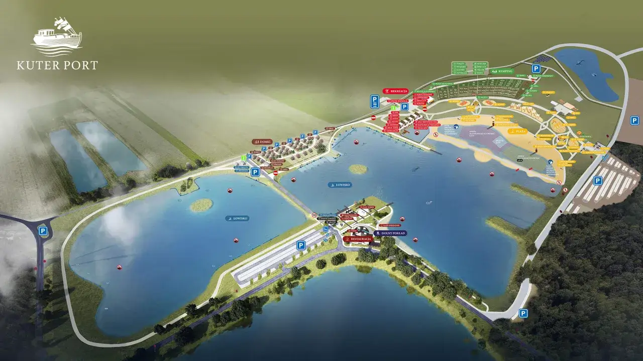 Mapa Kuter Port: łowisko, plaża, restauracja, domki, basen i wiele atrakcji. Idealne miejsce na wypoczynek nad wodą.