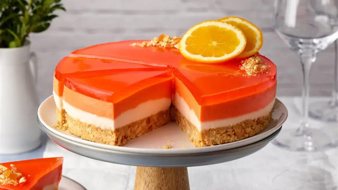 Leuchtend orangefarbene Aperol Torte mit drei Schichten auf Keksboden, garniert mit Orangenscheiben und Kr&uuml;meln.