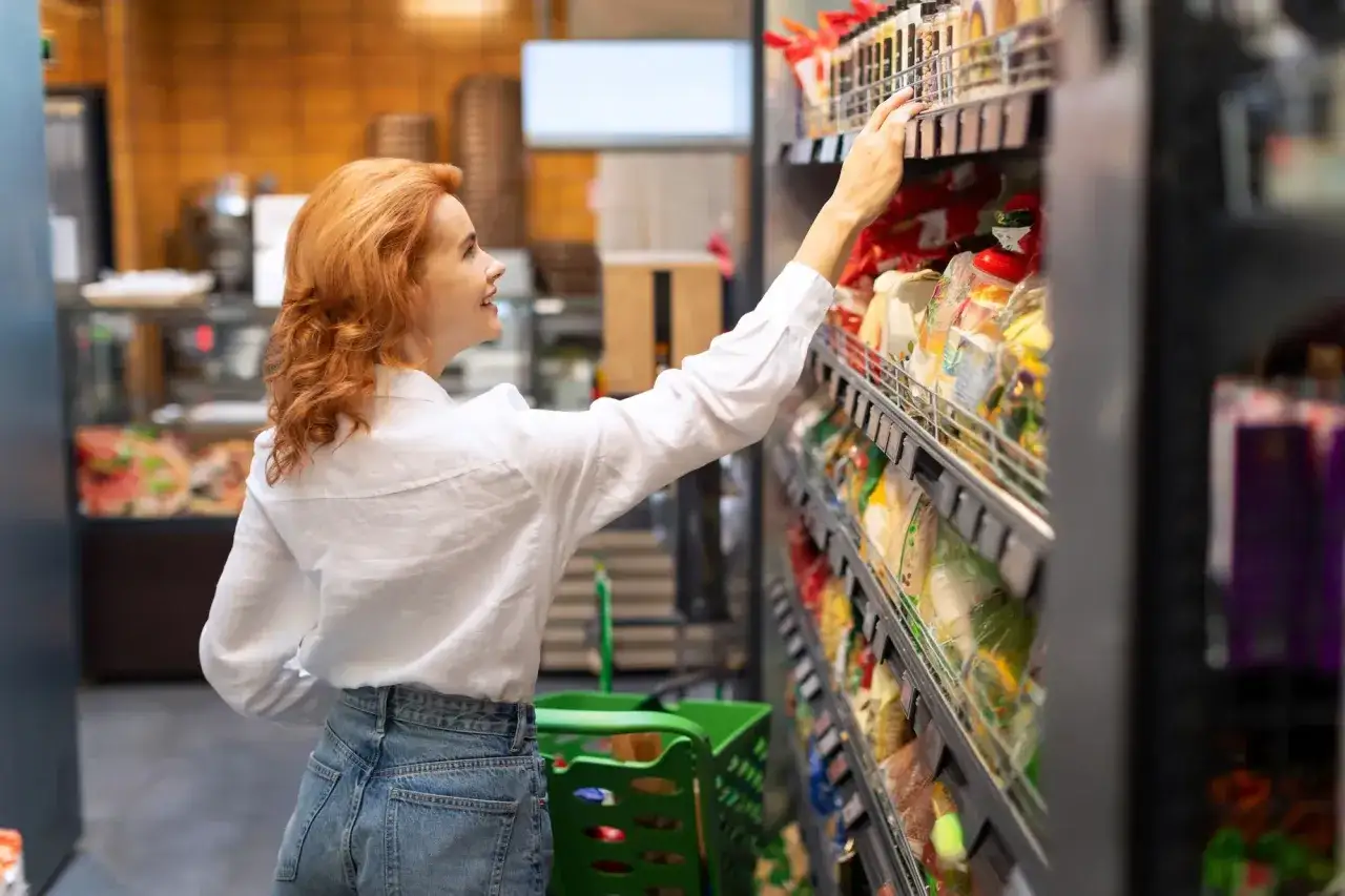 Kobieta z rudymi włosami wybiera produkty FMCG, czyli szybko zbywalne towary, w supermarkecie.