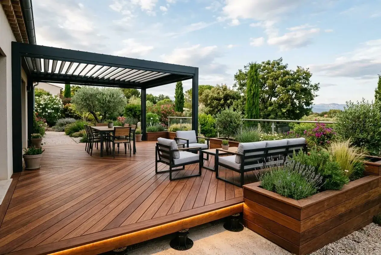 Une **pergola sur terrasse sur&eacute;lev&eacute;e** offre un espace de d&eacute;tente avec salon et salle &agrave; manger ext&eacute;rieurs, entour&eacute; d'un jardin luxuriant.