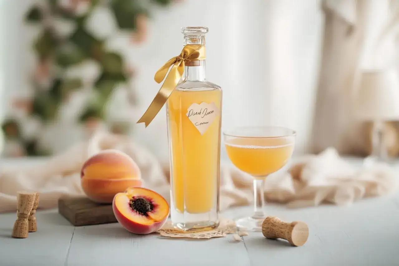 Flasche mit selbstgemachtem Pfirsichschnaps, frischen Pfirsichen und einem Glas des bernsteinfarbenen Lik&ouml;rs.