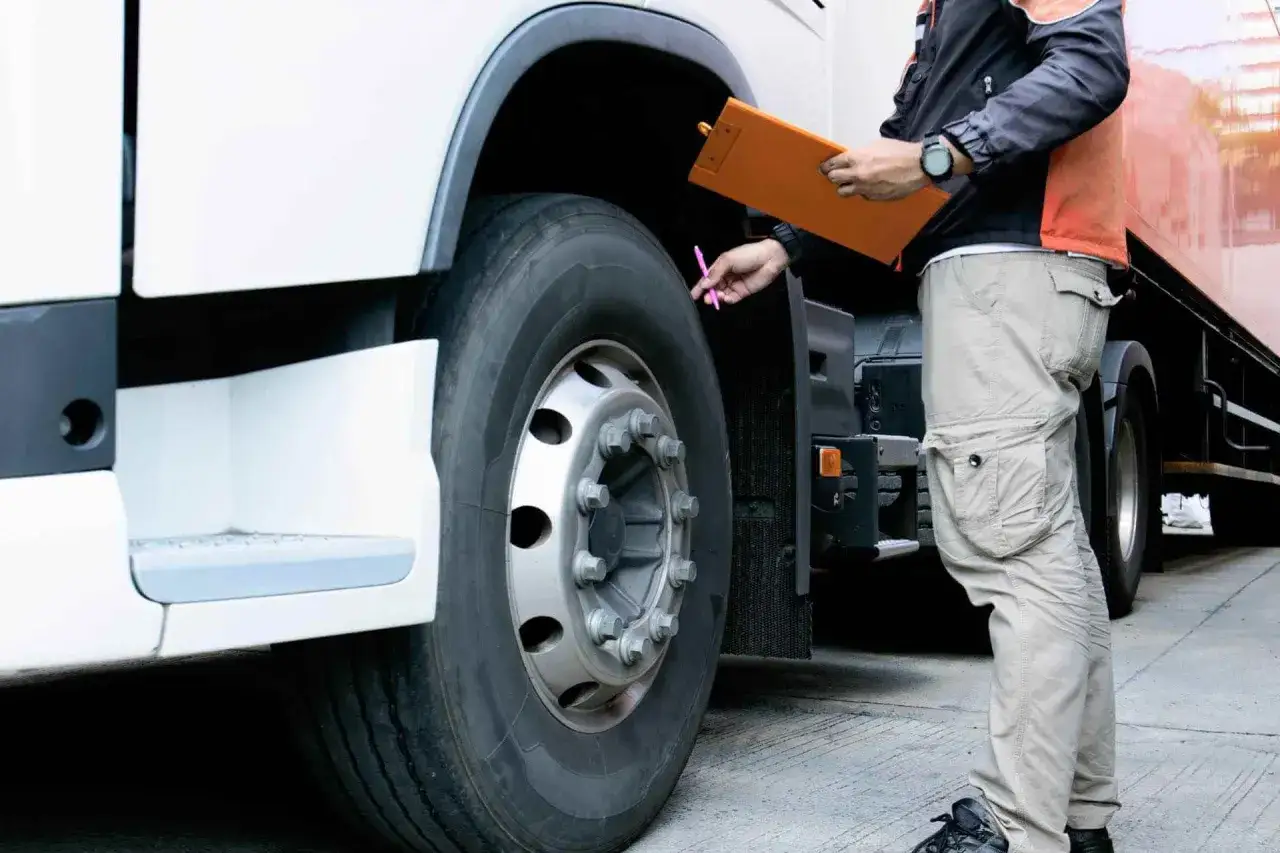 Un homme vérifie le pneu d'un **modèle camion** avec un stylo et un presse-papiers.