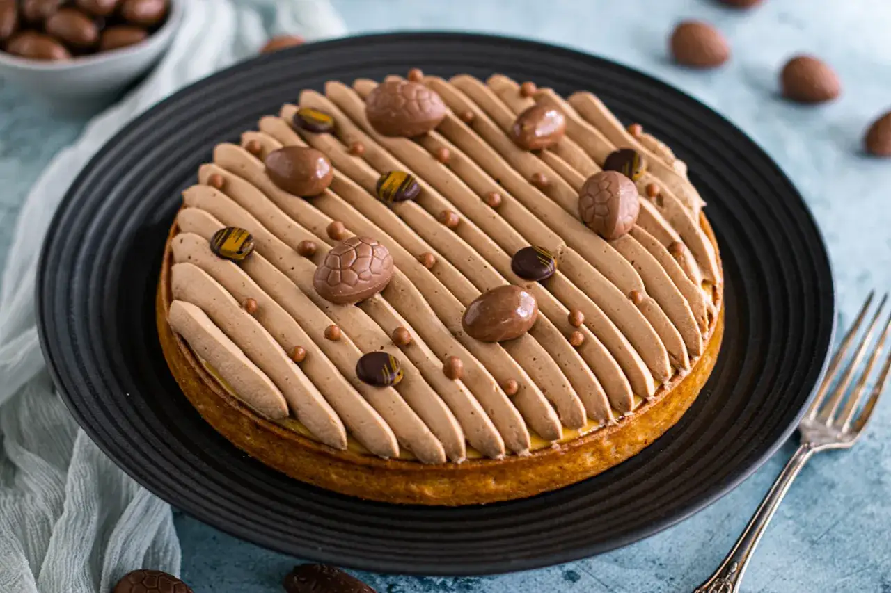 Tarte au chocolat ornée d'œufs et de perles en chocolat, prête à être dégustée.