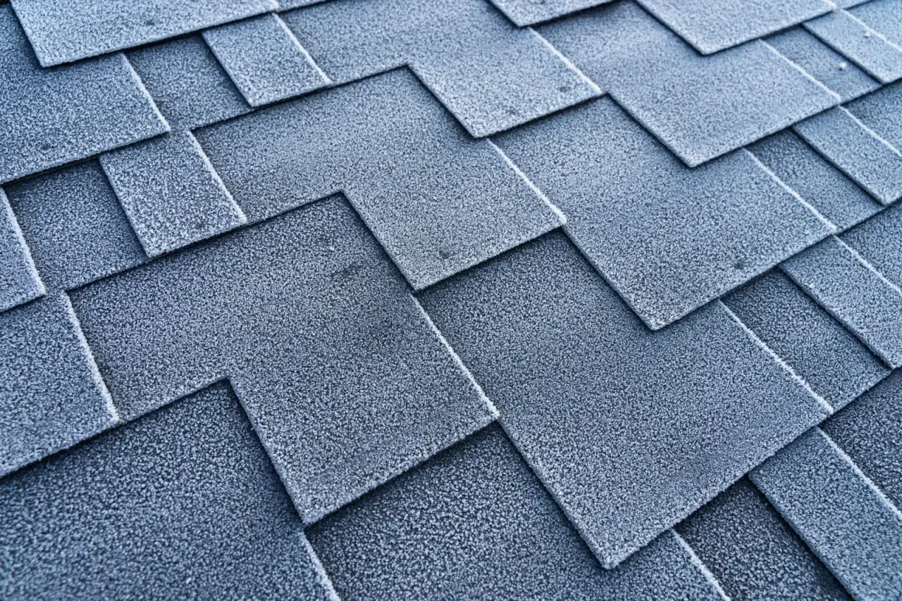 Close-up of frosted asphalt shingles, showcasing different types and textures of roofing materials on a cold winter day.