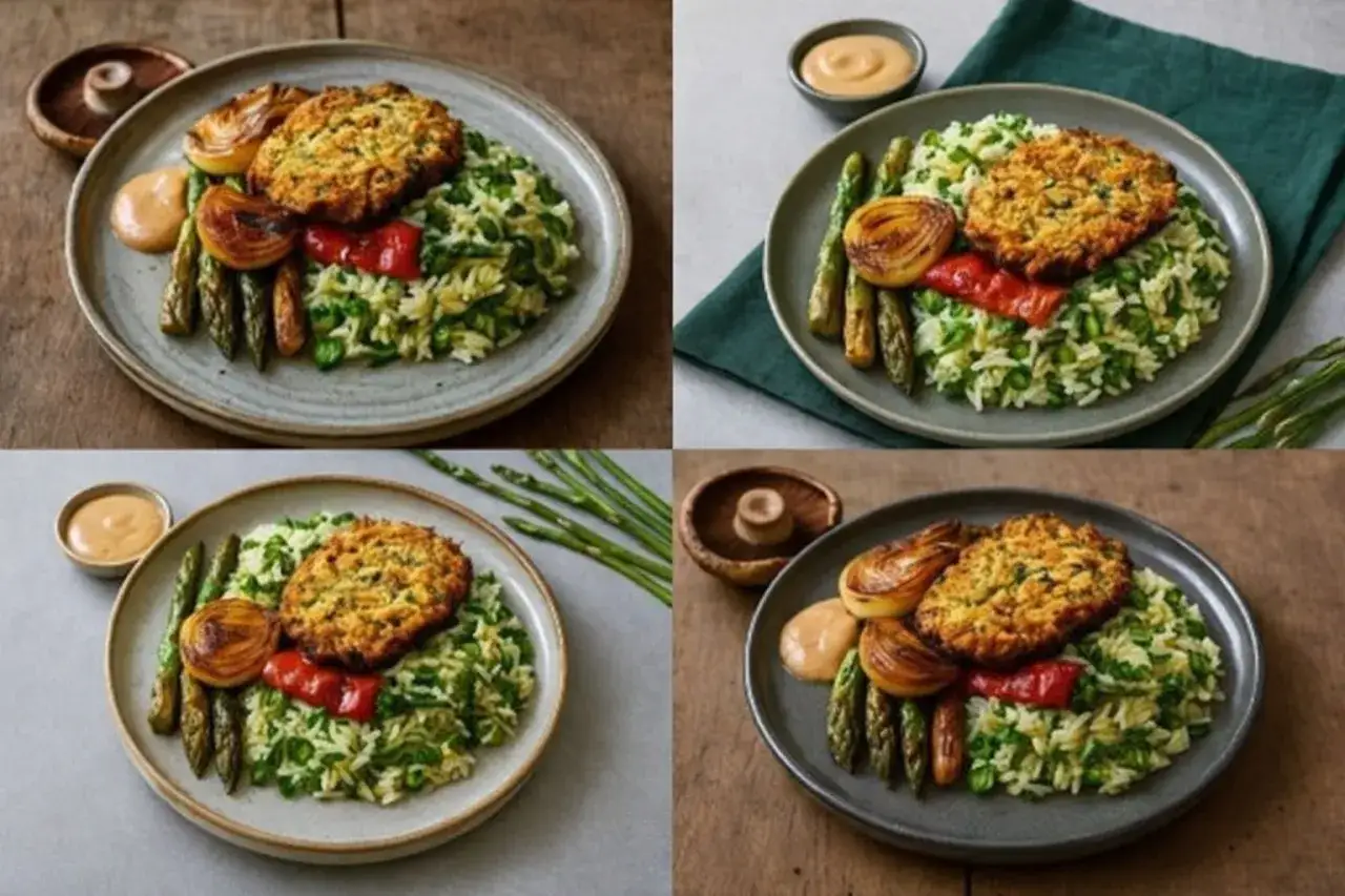 En tallrik med mat utan gluten: krispig biff, ris med gr&ouml;nsaker, sparris och en kr&auml;mig s&aring;s. Vackert upplagt och aptitligt.