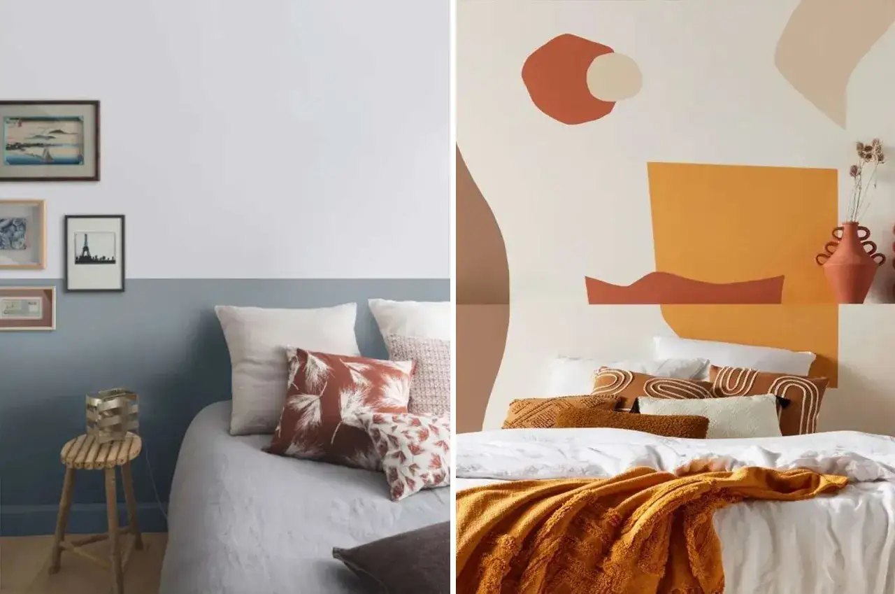 Deux chambres avec des têtes de lit peintes. L'une est bleue et blanche avec des cadres, l'autre est décorée de formes abstraites orange et terreuses.