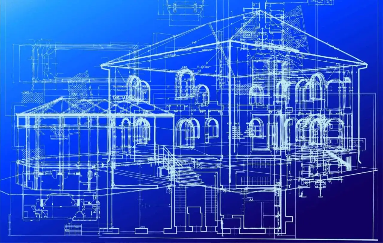 Szkic architektoniczny budynku z widokiem przekroju, detalami i wymiarami. To praca inżyniera, ukazująca złożoność projektu.