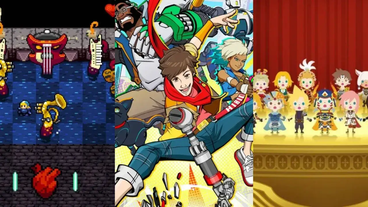 Personajes de Hi-Fi Rush y otros juegos de ritmo, con arte de p&iacute;xeles y estilo chibi.