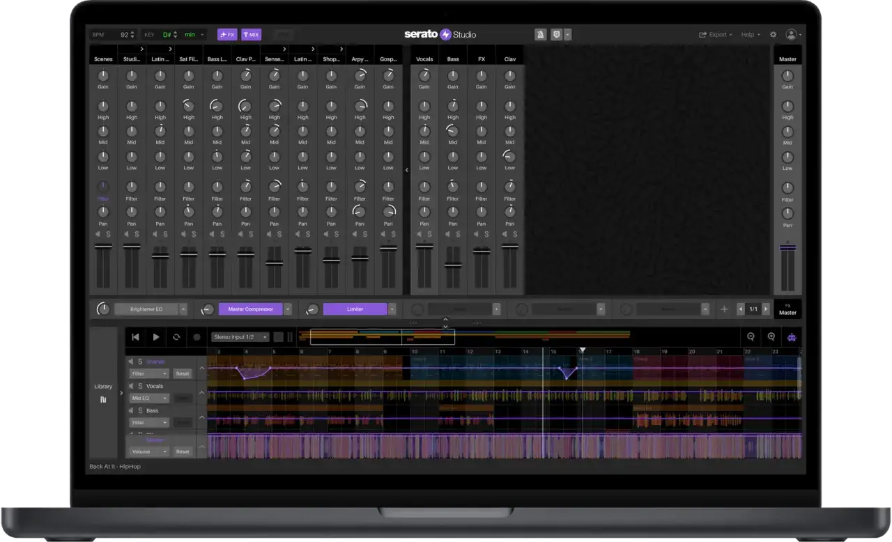 Serato Studio software on a laptop, showing a mixer with faders and controls for mpc beats, alongside a timeline for audio editing.