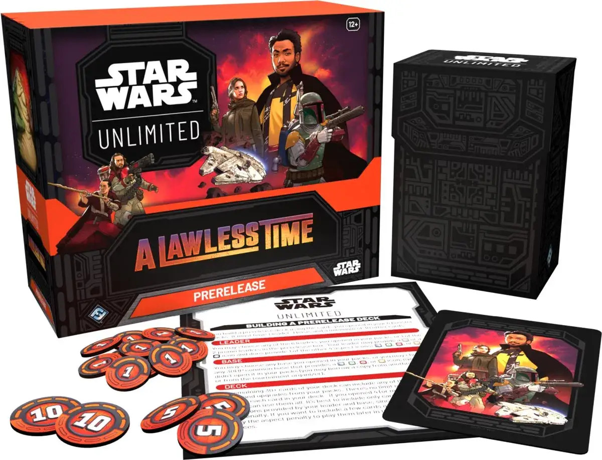 Star Wars Unlimited: A Lawless Time prerelease deck. Gra karciana z postaciami z Gwiezdnych Wojen, żetonami i instrukcją.