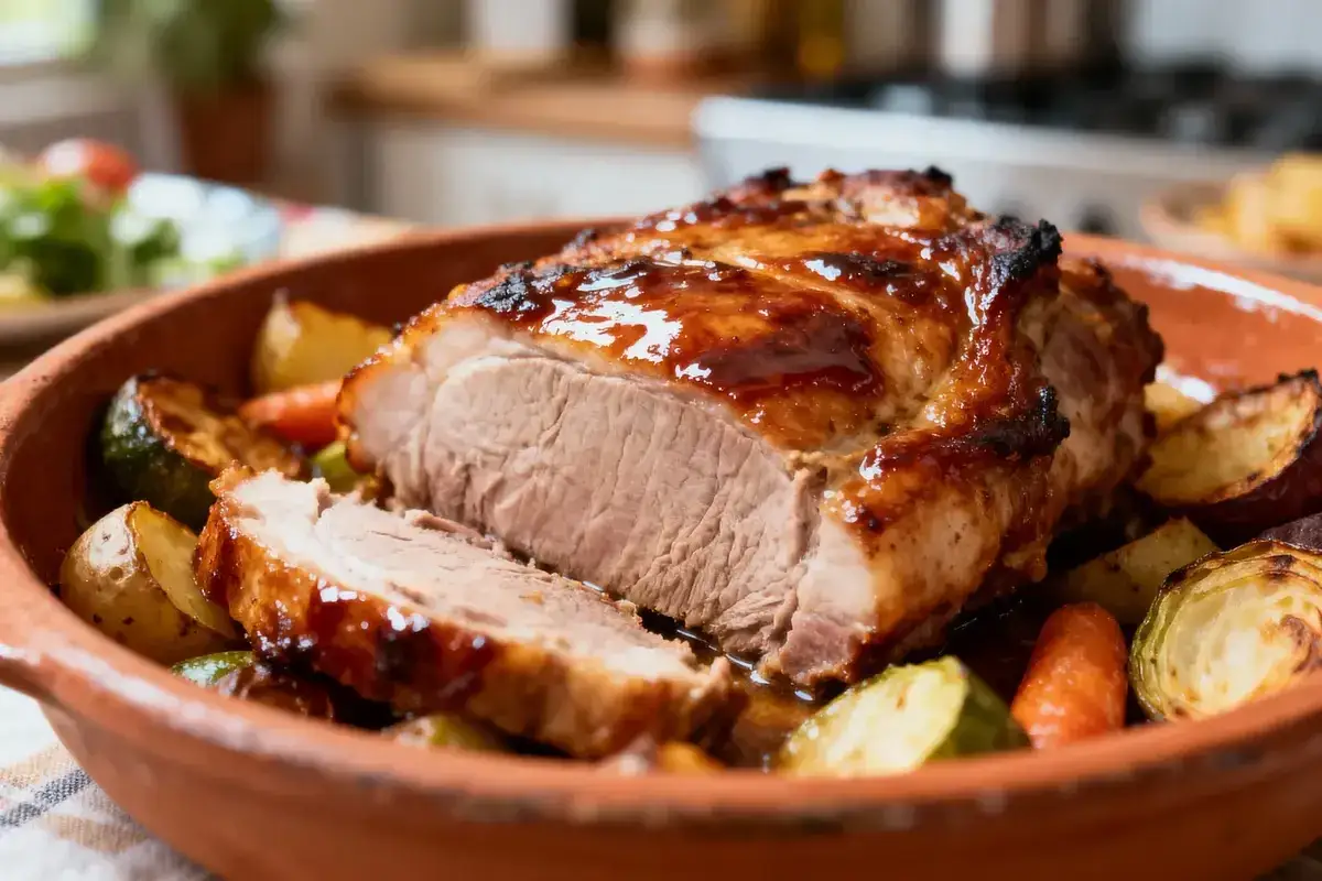Un r&ocirc;ti de porc juteux et glac&eacute;, servi avec des l&eacute;gumes r&ocirc;tis dans un plat en terre cuite. Un d&eacute;lice pour les amateurs de ribs de porc.