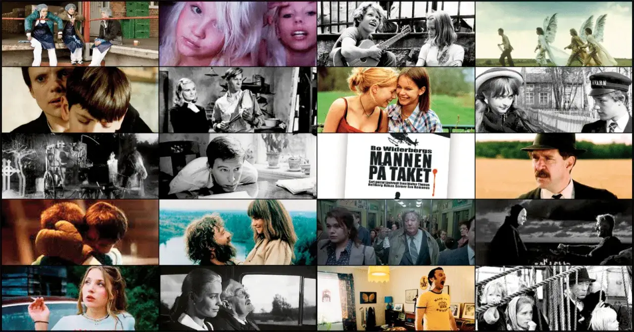 En collage av scener fr&aring;n svenska filmer fr&aring;n 90-talet, med allt fr&aring;n barn och ungdomar till dramatiska &ouml;gonblick och klassiska filmaffischer.