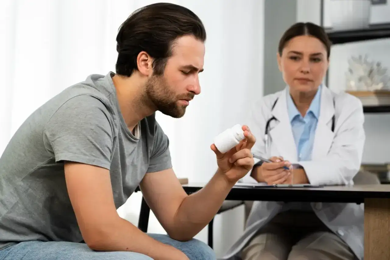 Mężczyzna zamyślony trzyma białą buteleczkę leków, podczas gdy lekarka w białym kitlu notuje coś na kartce. Wizyta u psychiatry.