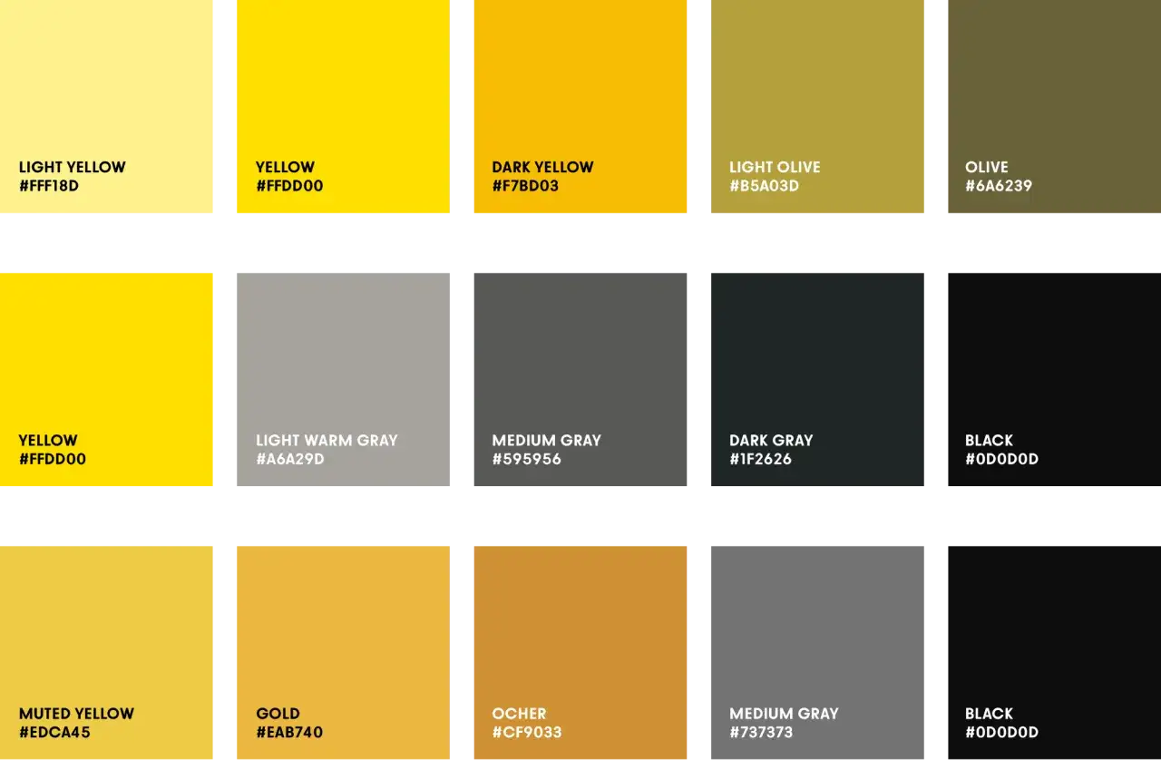 A palette of colors, featuring shades from lemon yellow to deep olive and grays.