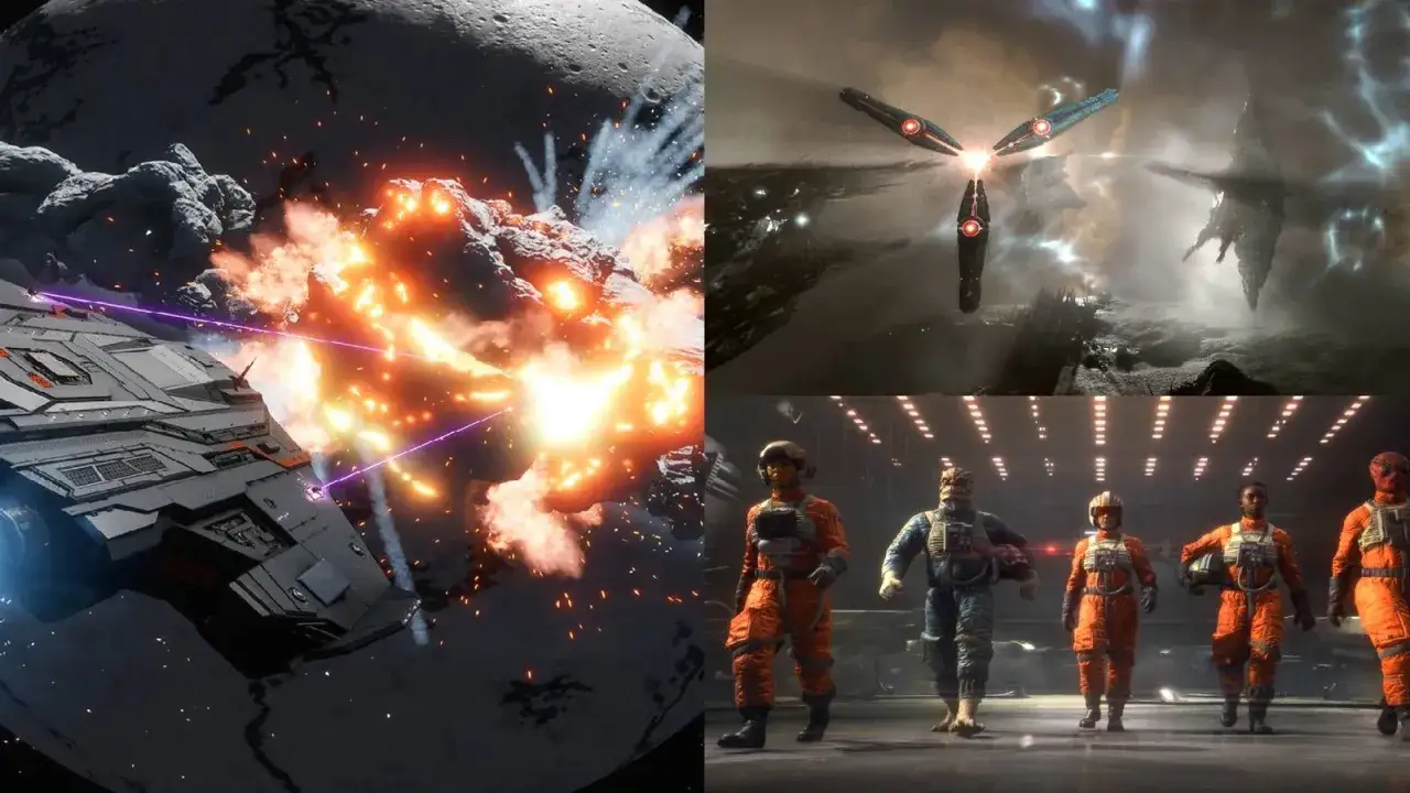 Bitwa kosmiczna w Rebel Galaxy: statek ostrzeliwuje asteroidę, w tle inne okręty i załoga w kombinezonach.