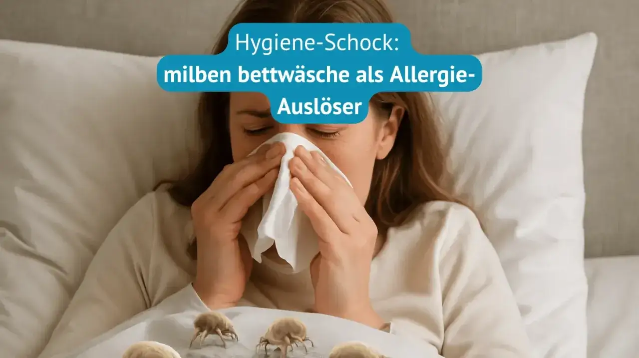 Frau niest in Taschentuch, Milben auf Bettwäsche. Hausstauballergie was tun?