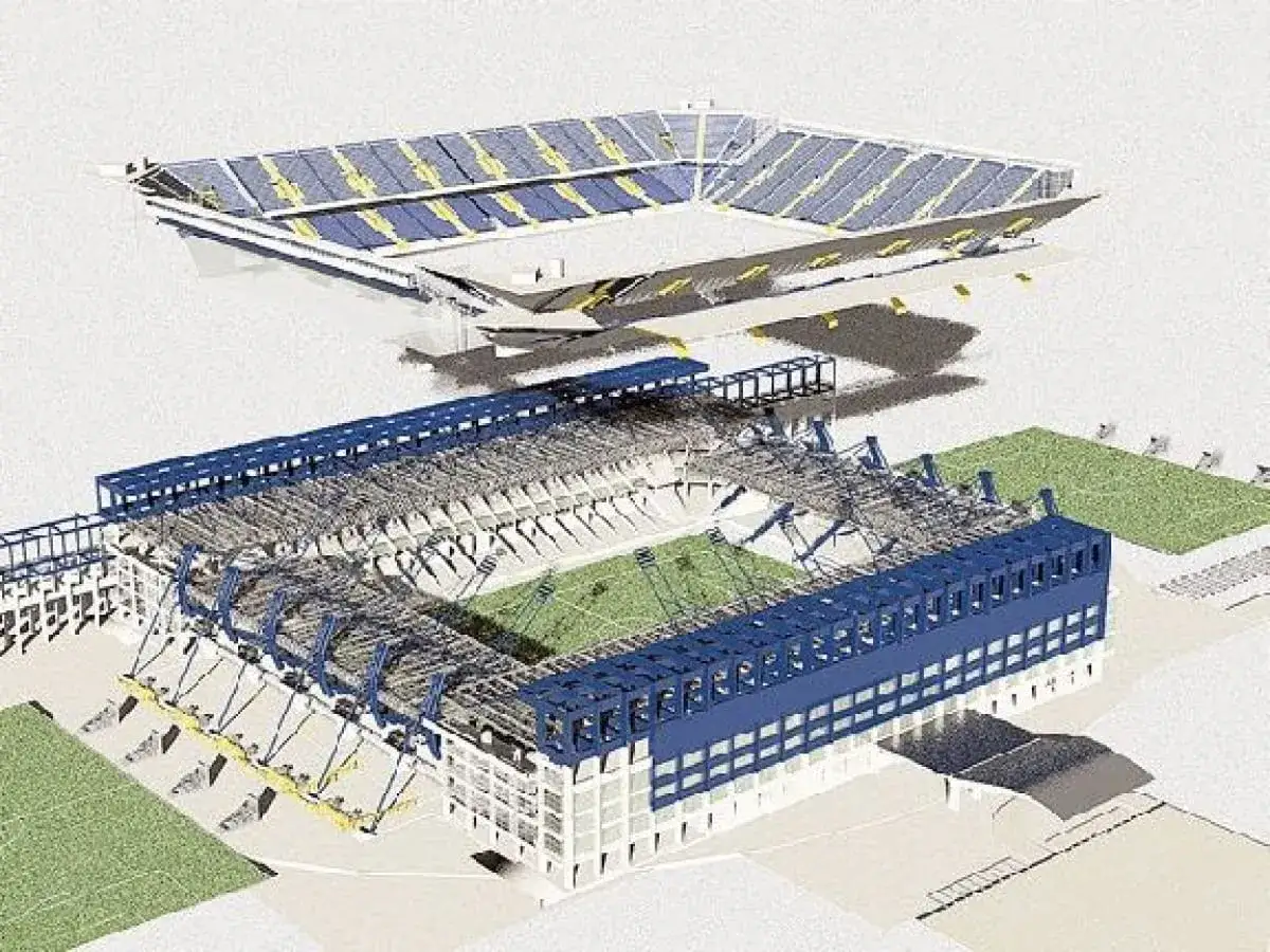 Wizualizacja rozbudowy starych trybun stadionu Wisły Kraków. Widok z góry na konstrukcję i gotowe trybuny.
