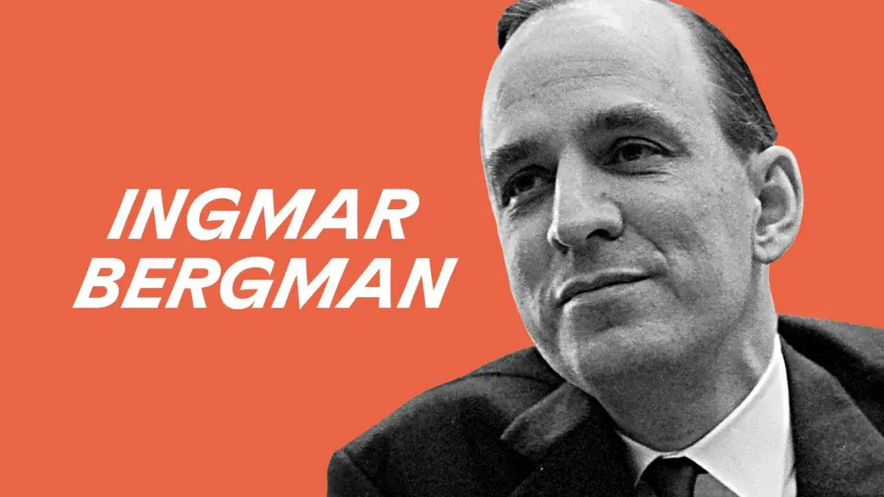 Porträtt av Ingmar Bergman, med texten