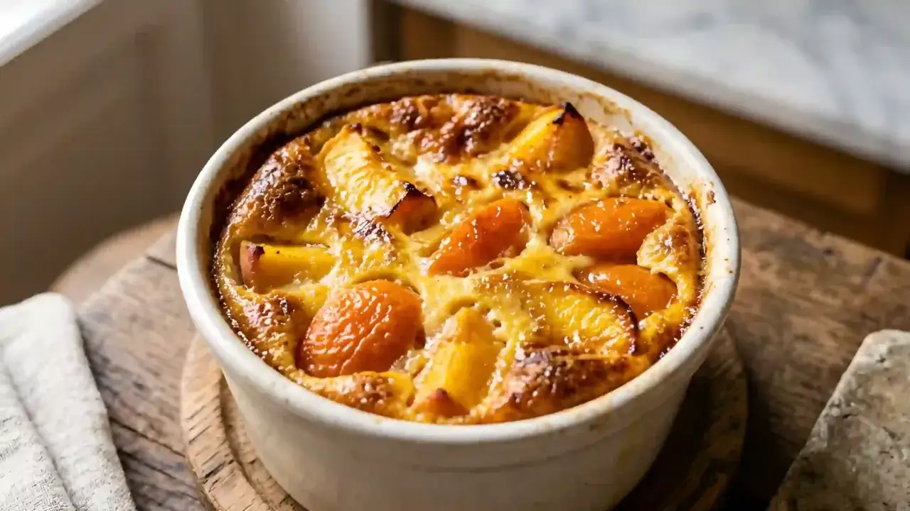 Un délicieux clafoutis pêche, doré et gourmand, tout juste sorti du four. Parfait pour un dessert fruité.
