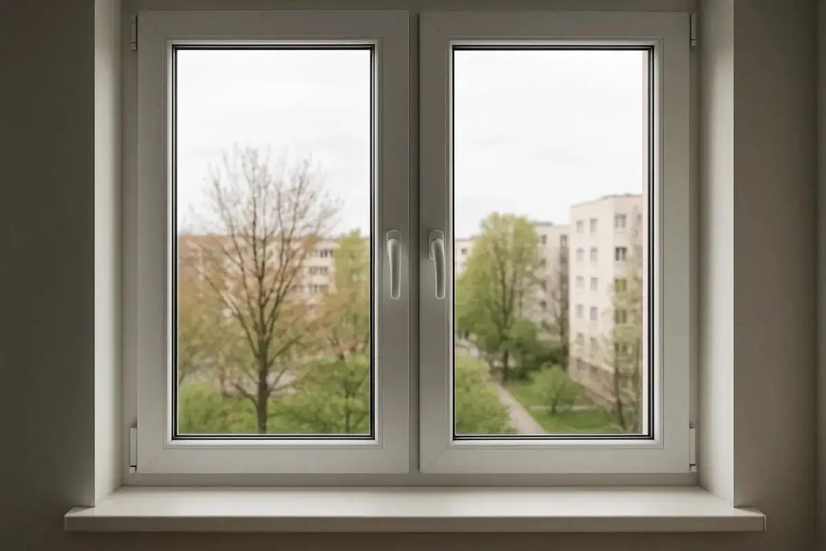 Ventana doble de PVC con vista a edificios y árboles. Cumple la normativa de ventanas para viviendas, garantizando aislamiento y seguridad.