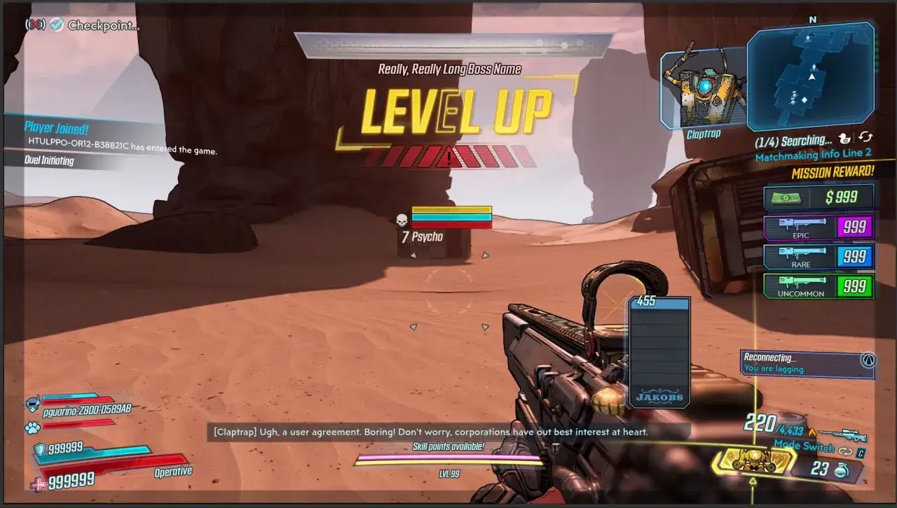 Gracz dołączył do gry, co sugeruje możliwość gry Borderlands 3 cross play. Poziom wzr&oacute;sł, a misja nagrodzona.