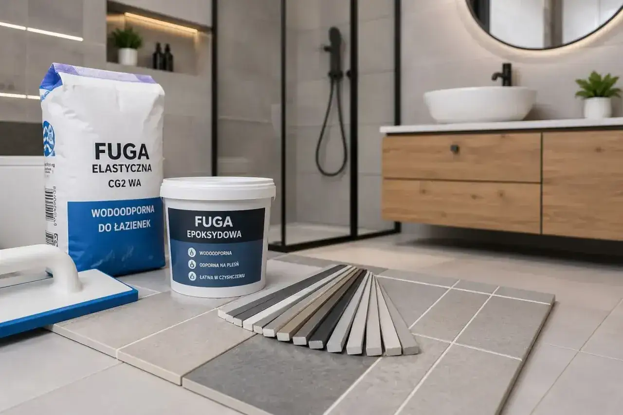 W łazience na płytkach leżą produkty do fugowania: worek z fugą elastyczną i wiaderko z fugą epoksydową. Obok próbki kolorów fug.