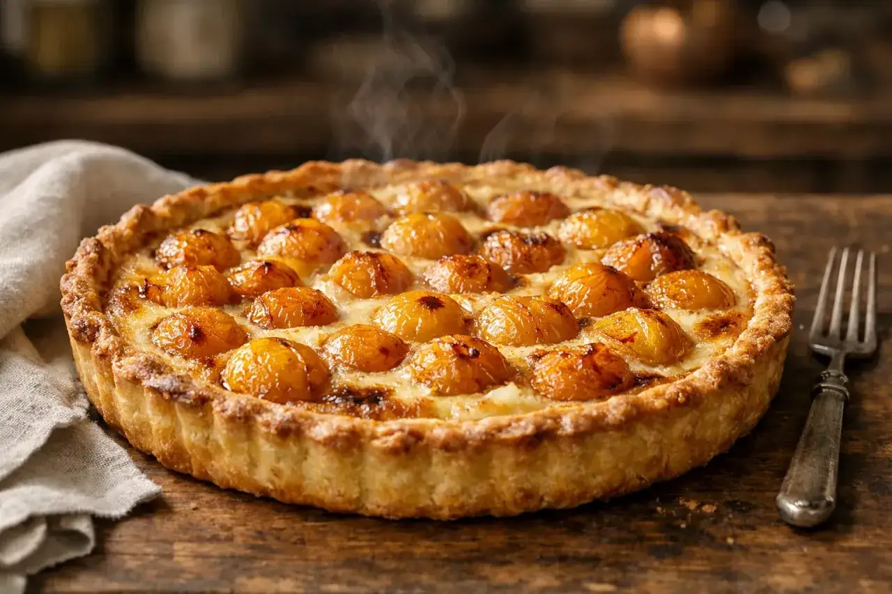 Tarte aux quetsches fumante, un délice pour un repas lorrain. La pâte dorée est garnie de fruits caramélisés et d'une crème onctueuse.