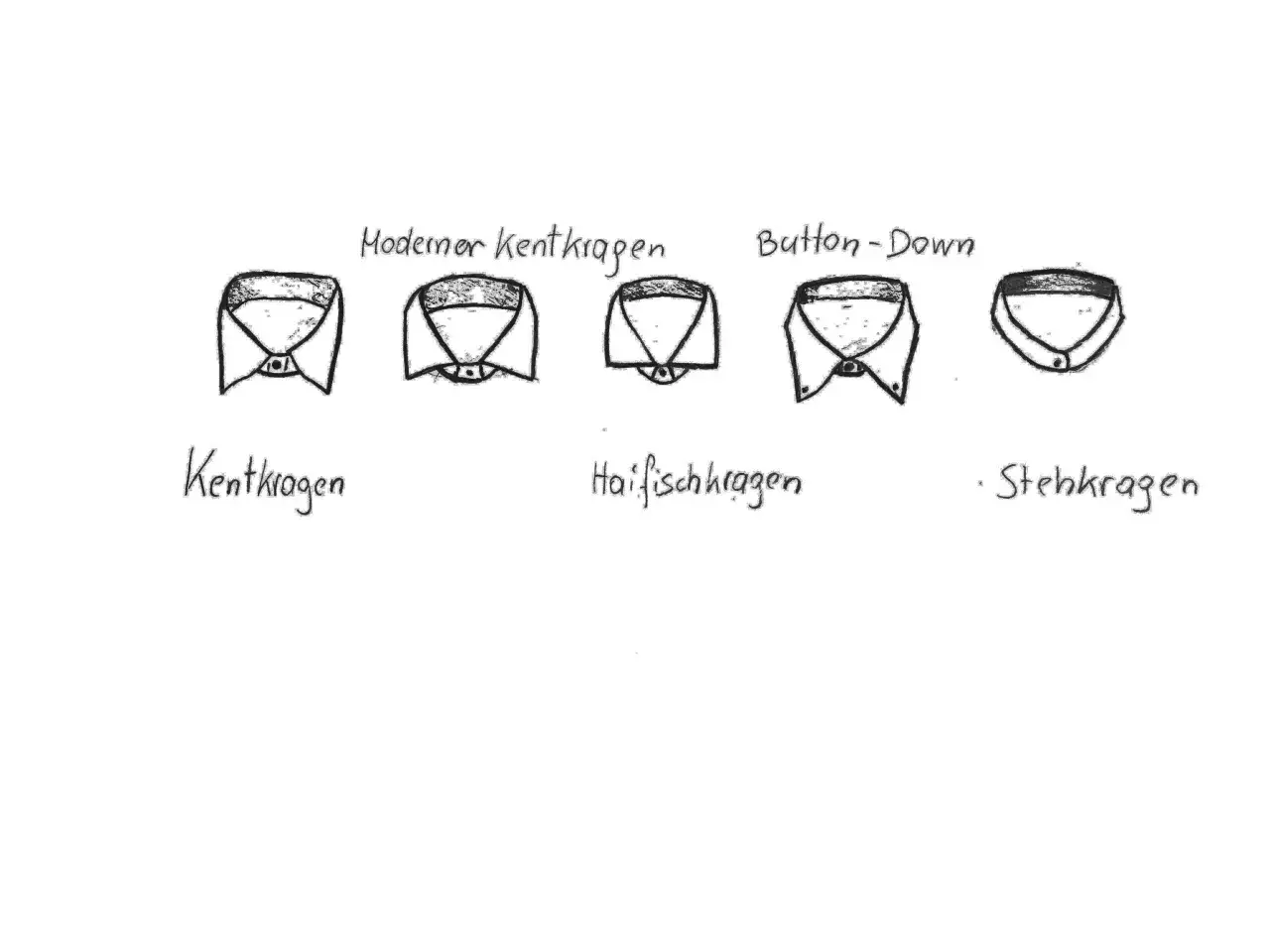 F&uuml;nf verschiedene Hemdkragen-Arten: moderner Kentkragen, Button-Down, Kentkragen, Haifischkragen und Stehkragen.