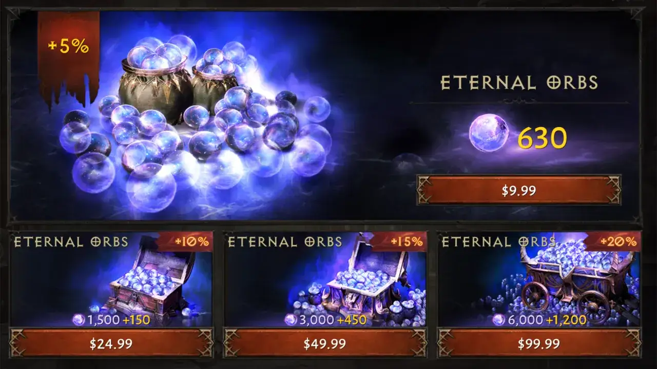 Diablo Immortal: oferty na wieczne klejnoty, pokazujące, jak p2w wpływa na grę. Ceny od $9.99.