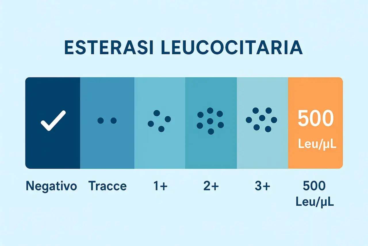 Scala di esterasi leucocitaria: da negativo a 3+, con 500 Leu/&micro;L. Preoccuparsi se i valori aumentano.